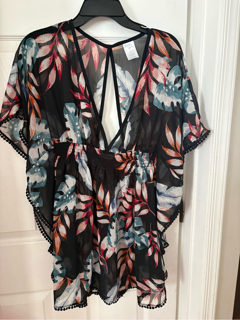 Kona Sol Women’s Black Floral Swim Coverup - Lightweight Beach Kaftan medium